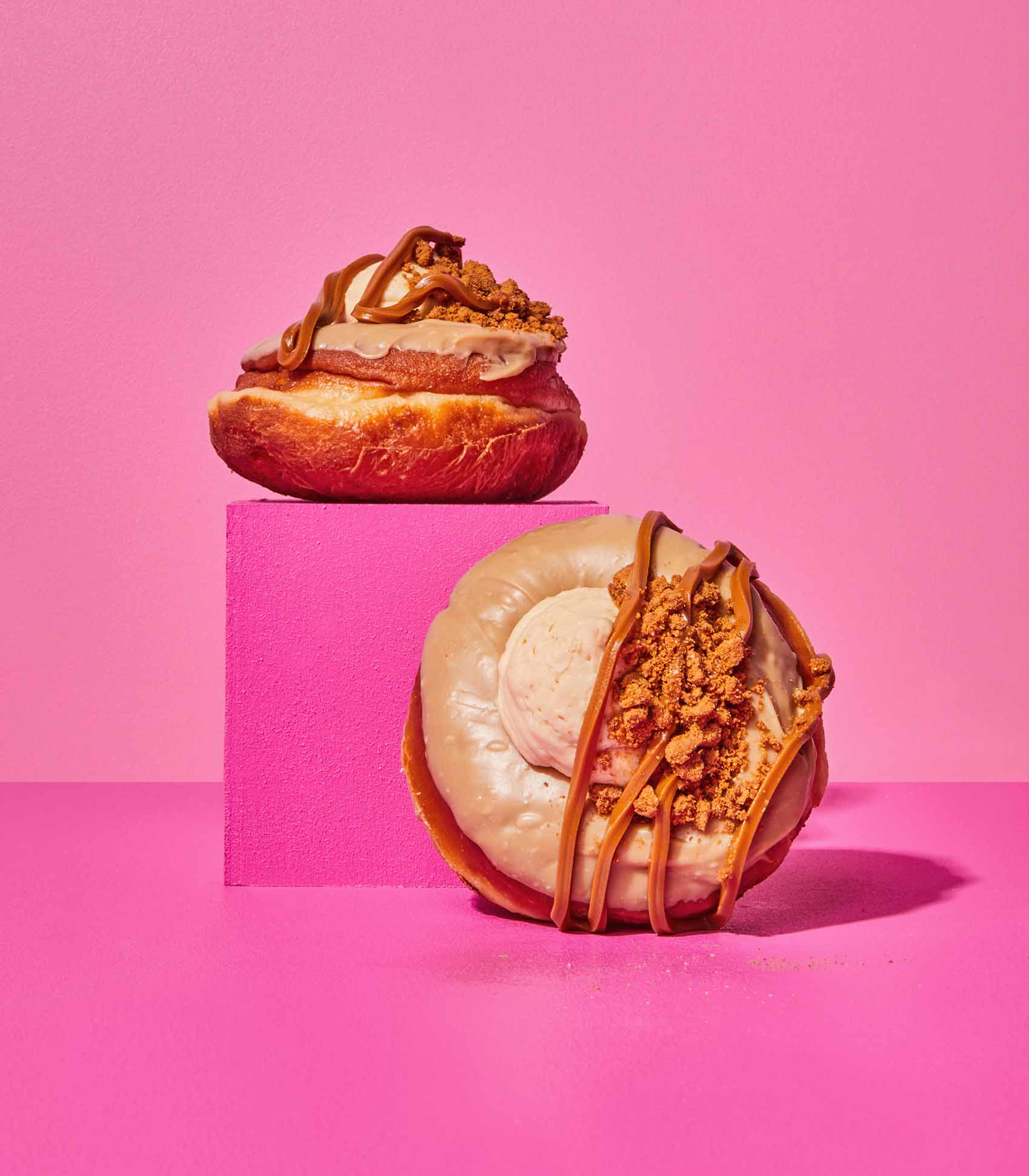 DOE Donuts 2 on pink cubes weekly special Biscoff Cream flavour