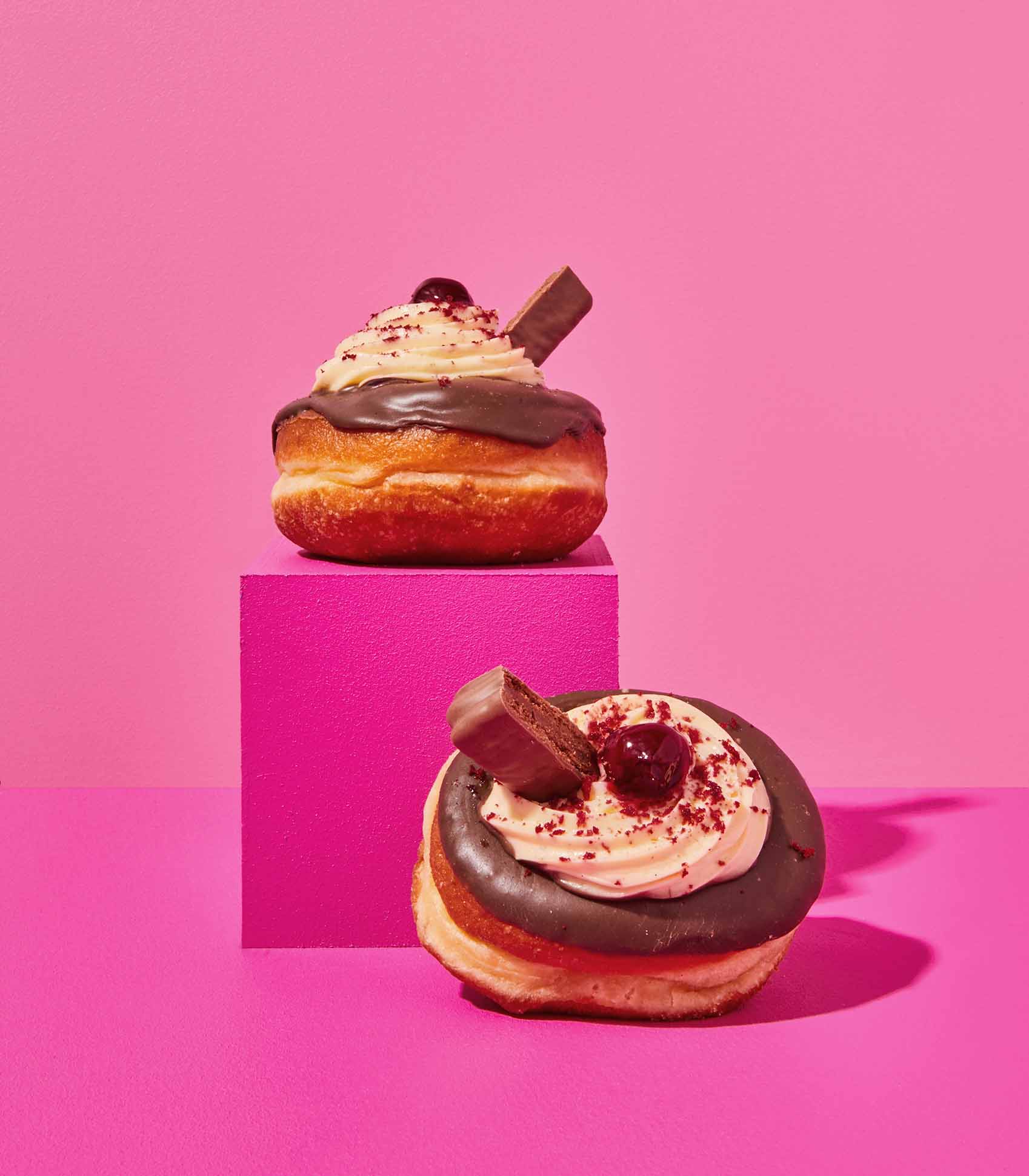 DOE Donuts 2 on pink cubes weekly special Black Forest flavour