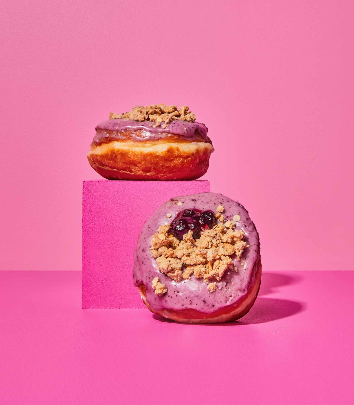 DOE Donuts 2 on pink cubes weekly special Blueberry Crumble flavour