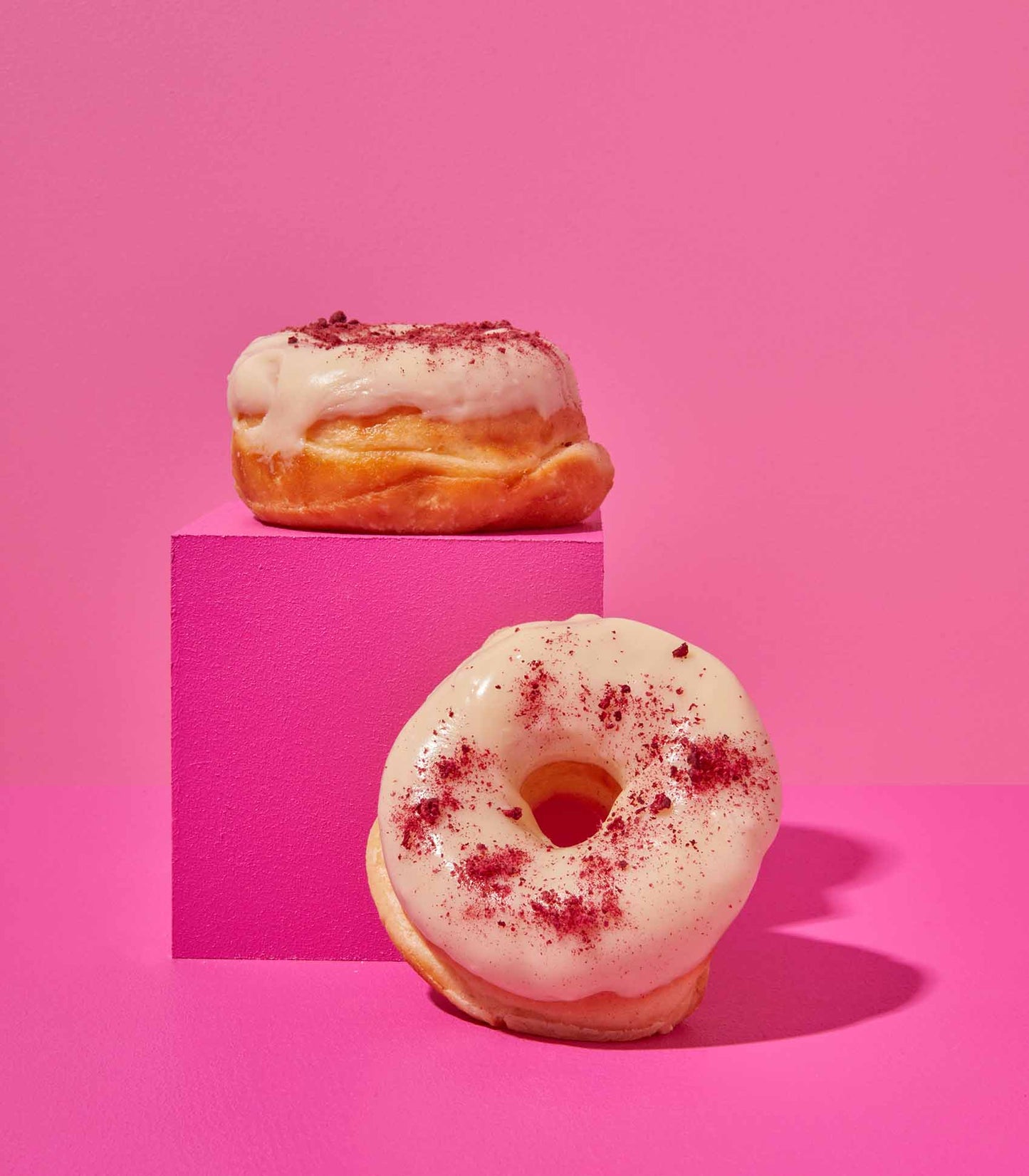 DOE Donuts 2 on pink cubes weekly special White Chocolate Raspberry flavour